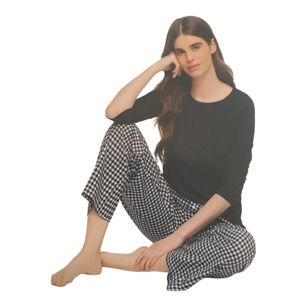 Gap Womens Flannel Pajama Set Black Gingham Waffle Knit Top Pants Small NEW